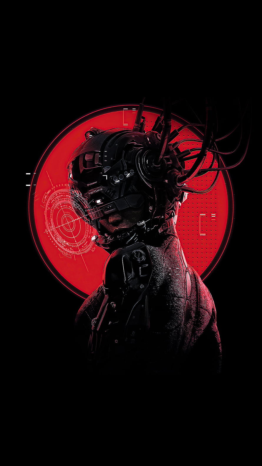 Cyberpunk Samurai Warrior with Red HUD Interface and Tactical Gear HD phone wallpaper