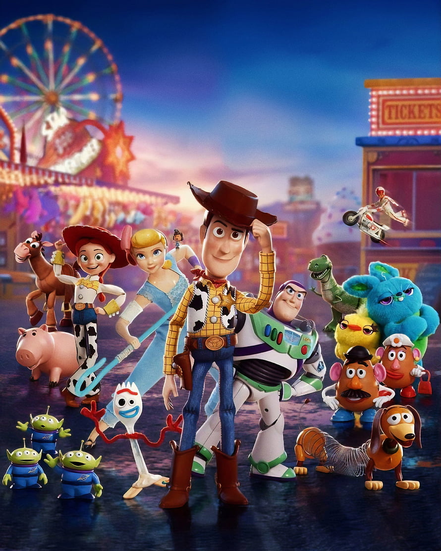 Toy Story 4 Character Lineup at Carnival with Woody, Buzz, and Friends HD phone wallpaper