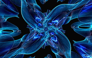 Glowing Blue 3D Abstract Fractal Art with Neon Translucent Shapes on Black Background HD wallpaper