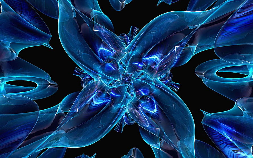 Glowing Blue 3D Abstract Fractal Art with Neon Translucent Shapes on Black Background HD wallpaper