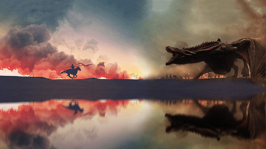 Epic Fantasy Warrior on Horseback Confronting a Giant Dragon at Sunset HD wallpaper