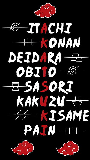 Naruto Akatsuki Members Typography Poster with Red Clouds and Symbol Icons HD phone wallpaper
