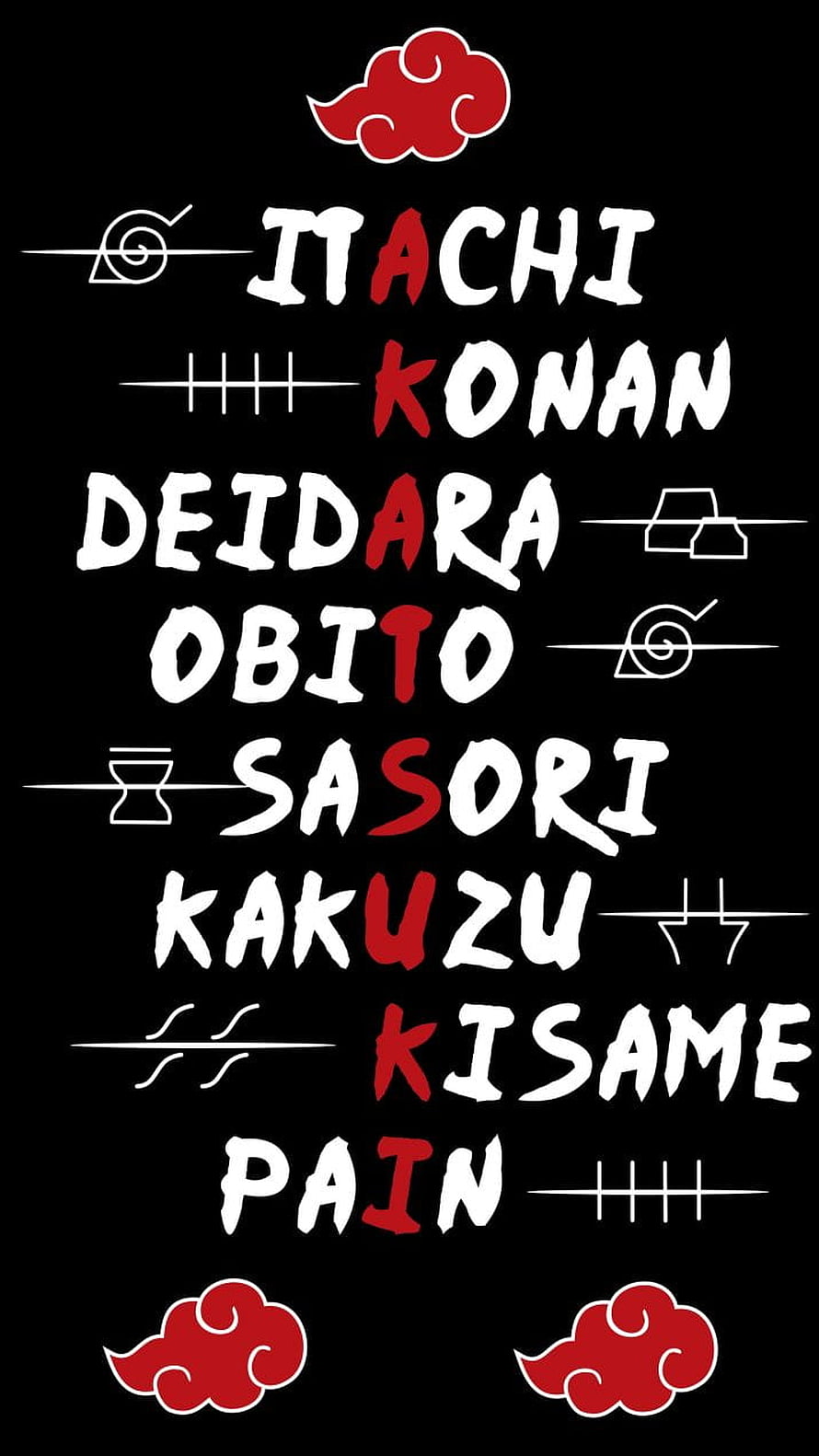 Naruto Akatsuki Members Typography Poster with Red Clouds and Symbol Icons HD phone wallpaper