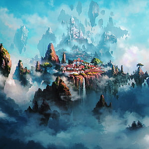 Fantasy Floating Islands with Ancient Temple and Misty Mountain Landscape HD phone wallpaper