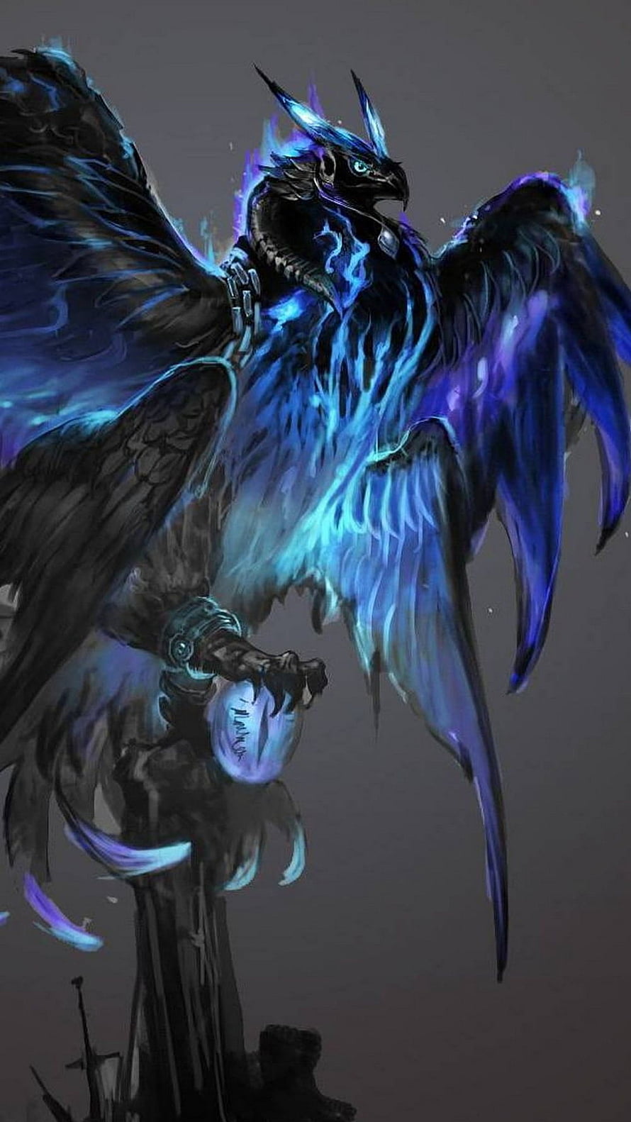 Mystical Blue Phoenix Fantasy Artwork with Glowing Wings and Dark Feathers HD phone wallpaper