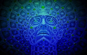 Tool Band Psychedelic Face Artwork with Swirling Blue Patterns and Green Accents HD wallpaper