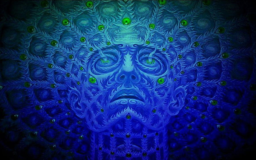 Tool Band Psychedelic Face Artwork with Swirling Blue Patterns and Green Accents HD wallpaper