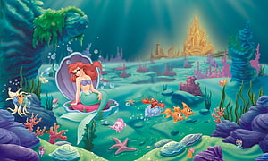 Ariel the Little Mermaid Sitting on a Shell in Underwater Kingdom with Flounder and Sebastian HD wallpaper