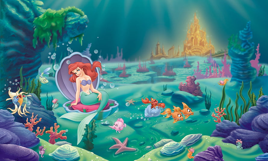 Ariel the Little Mermaid Sitting on a Shell in Underwater Kingdom with Flounder and Sebastian HD wallpaper