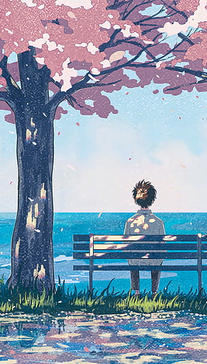Anime Boy Sitting on Bench Under Cherry Blossom Tree by the Sea HD phone wallpaper