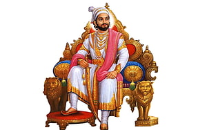 Shivaji Maharaj Seated on Ornate Golden Throne with Lion Statues and Traditional Regalia HD wallpaper