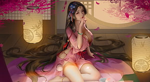 Anime Girl in Pink Kimono Sitting Under Cherry Blossoms with Lanterns HD wallpaper
