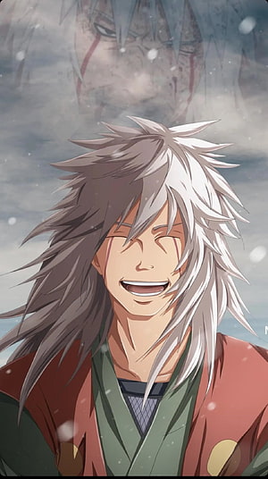 Jiraiya from Naruto smiling in snow with Minato Namikaze ghost in background HD phone wallpaper