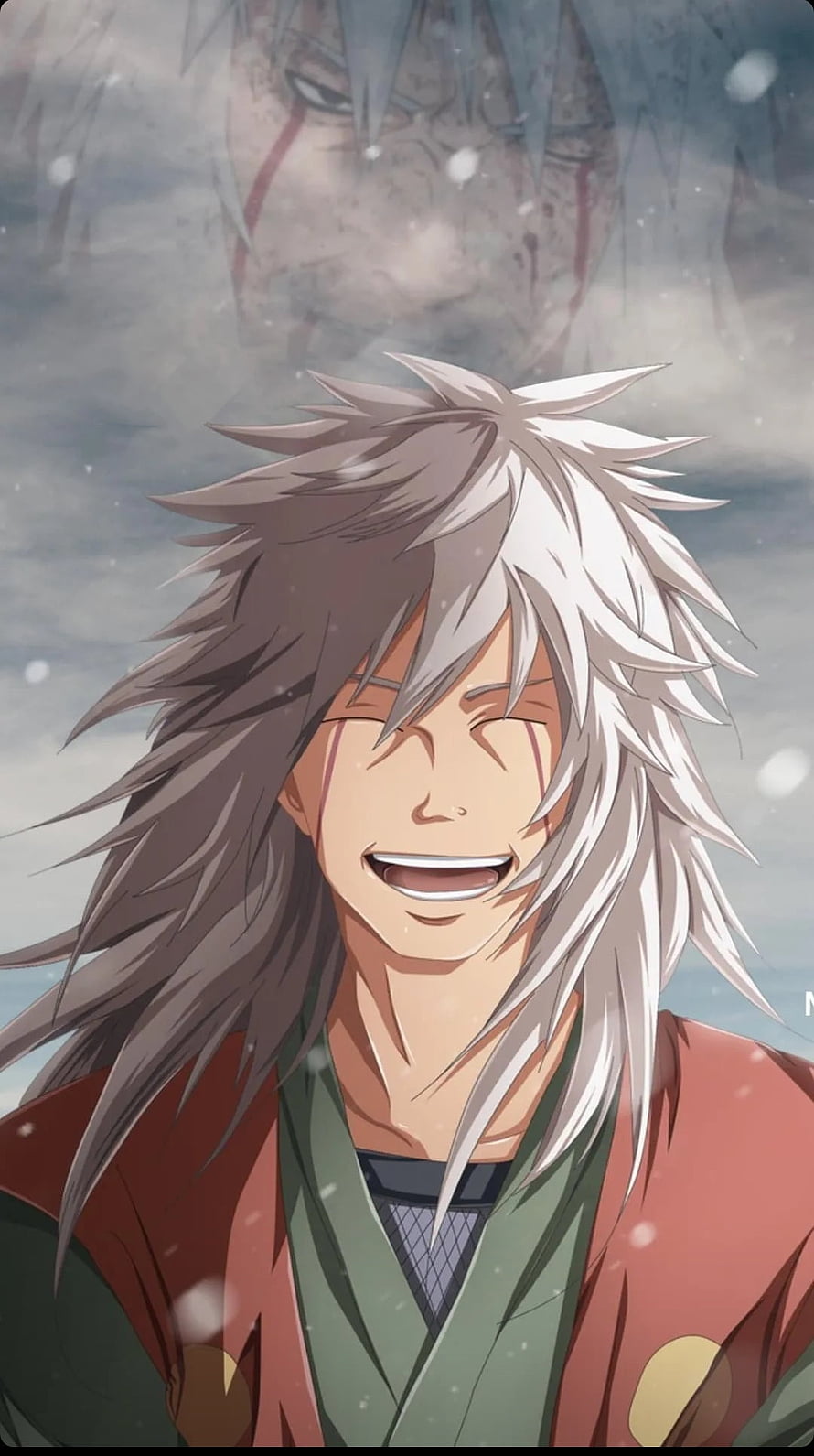 Jiraiya from Naruto smiling in snow with Minato Namikaze ghost in background HD phone wallpaper