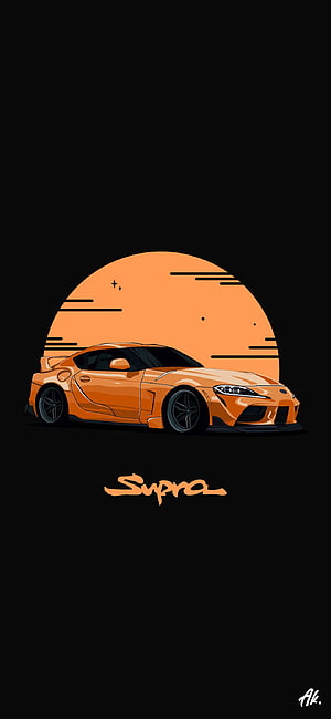 Orange Toyota Supra Vector Art Illustration With Retro Sunset Background HD phone wallpaper