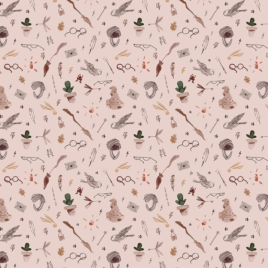 Magical Harry Potter Inspired Seamless Pattern With Wands, Owls, Glasses, And Cacti On Pink Background HD phone wallpaper