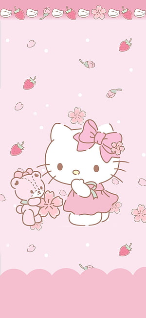 Cute Hello Kitty with Pink Teddy Bear and Strawberries on Pastel Background HD phone wallpaper
