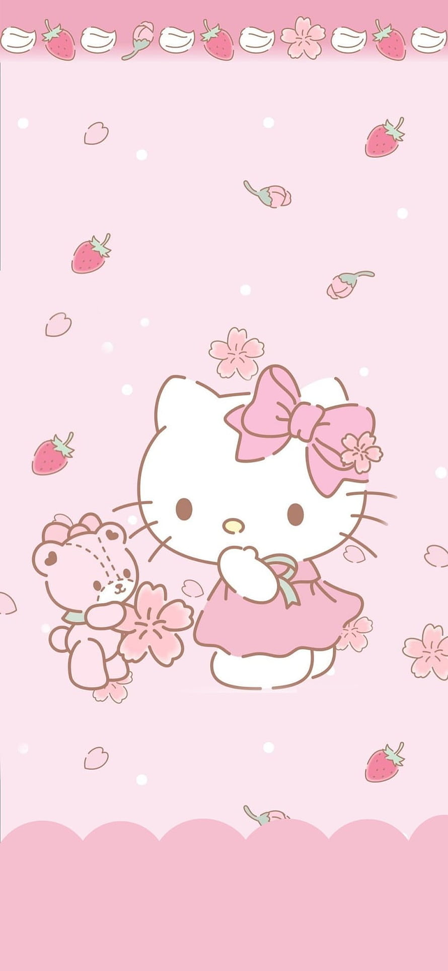 Cute Hello Kitty with Pink Teddy Bear and Strawberries on Pastel Background HD phone wallpaper