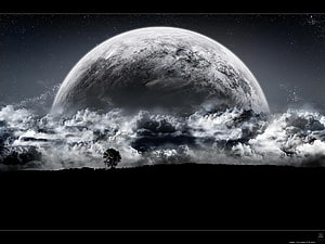 Monochrome Giant Moon Rising Over Clouds and Silhouetted Tree Landscape HD wallpaper