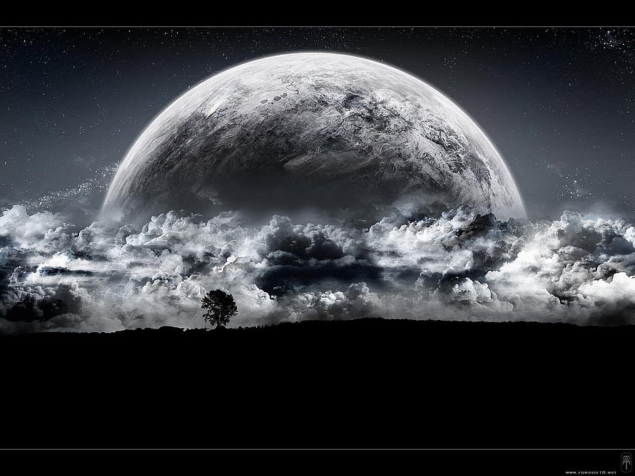 Monochrome Giant Moon Rising Over Clouds and Silhouetted Tree Landscape HD wallpaper
