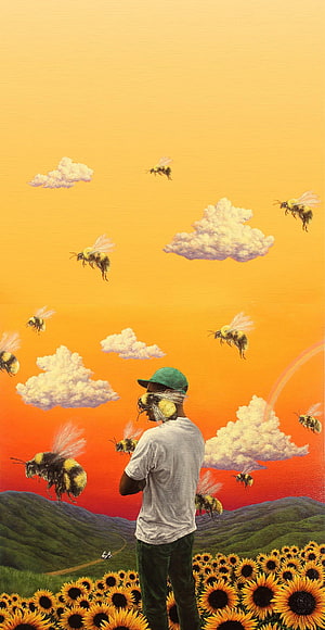 Man in Green Cap Surrounded by Giant Bumblebees in Sunflower Field Under Orange Sky, See You Again Tyler The Creator, Tyler, The Creator, Igor HD phone wallpaper