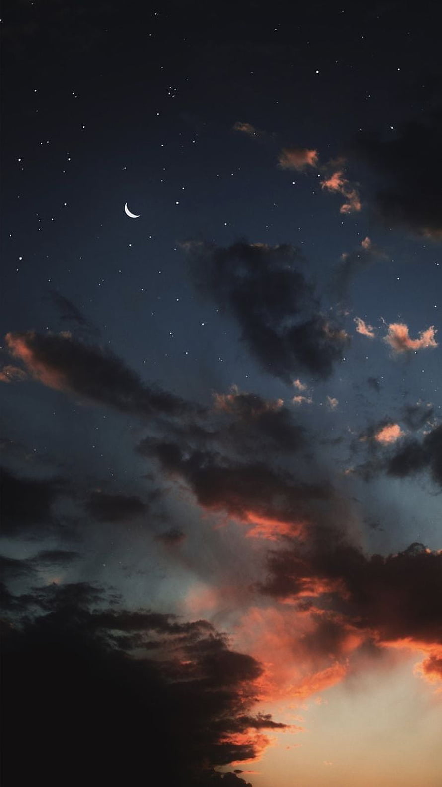 Crescent Moon and Stars in a Dramatic Sunset Sky with Orange Clouds HD phone wallpaper