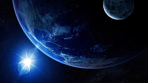 Earth and Moon in Deep Space with Bright Sun Flare and Starry Background HD wallpaper