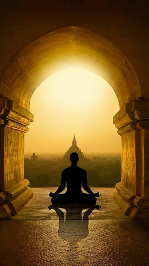 Silhouette of a Meditating Man in Lotus Pose Framed by an Ancient Stone Archway at Golden Hour, Man at Peace, Meditation Man HD phone wallpaper