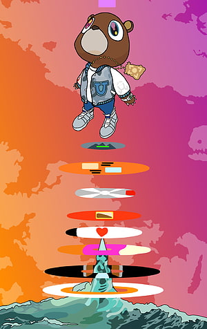 Kanye West Graduation Album Artwork with Cartoon Bear Character and Abstract Platforms HD phone wallpaper