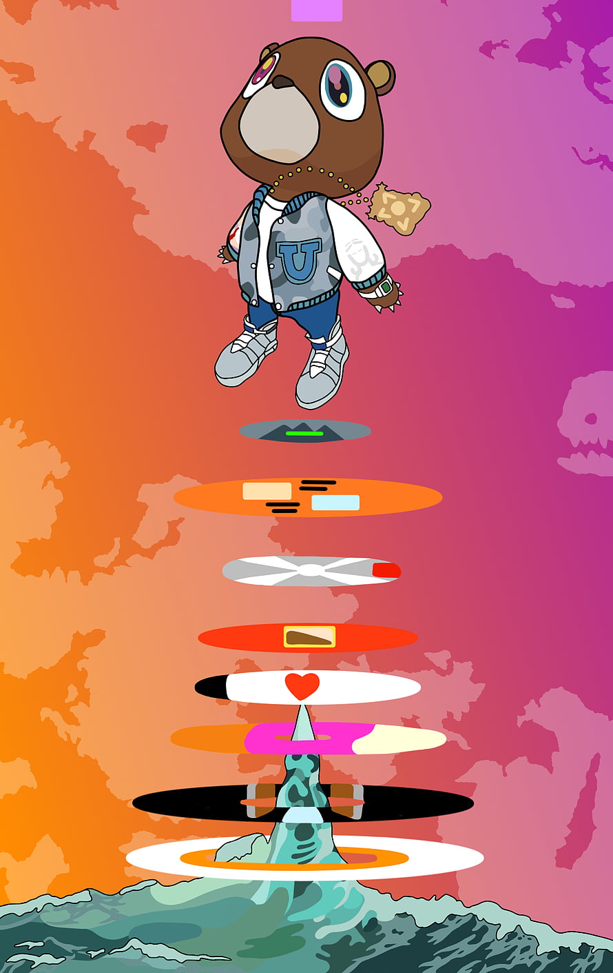 Kanye West Graduation Album Artwork with Cartoon Bear Character and Abstract Platforms HD phone wallpaper