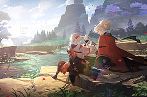 Kazuha and Yoimiya sharing a peaceful picnic by the river in Genshin Impact HD wallpaper