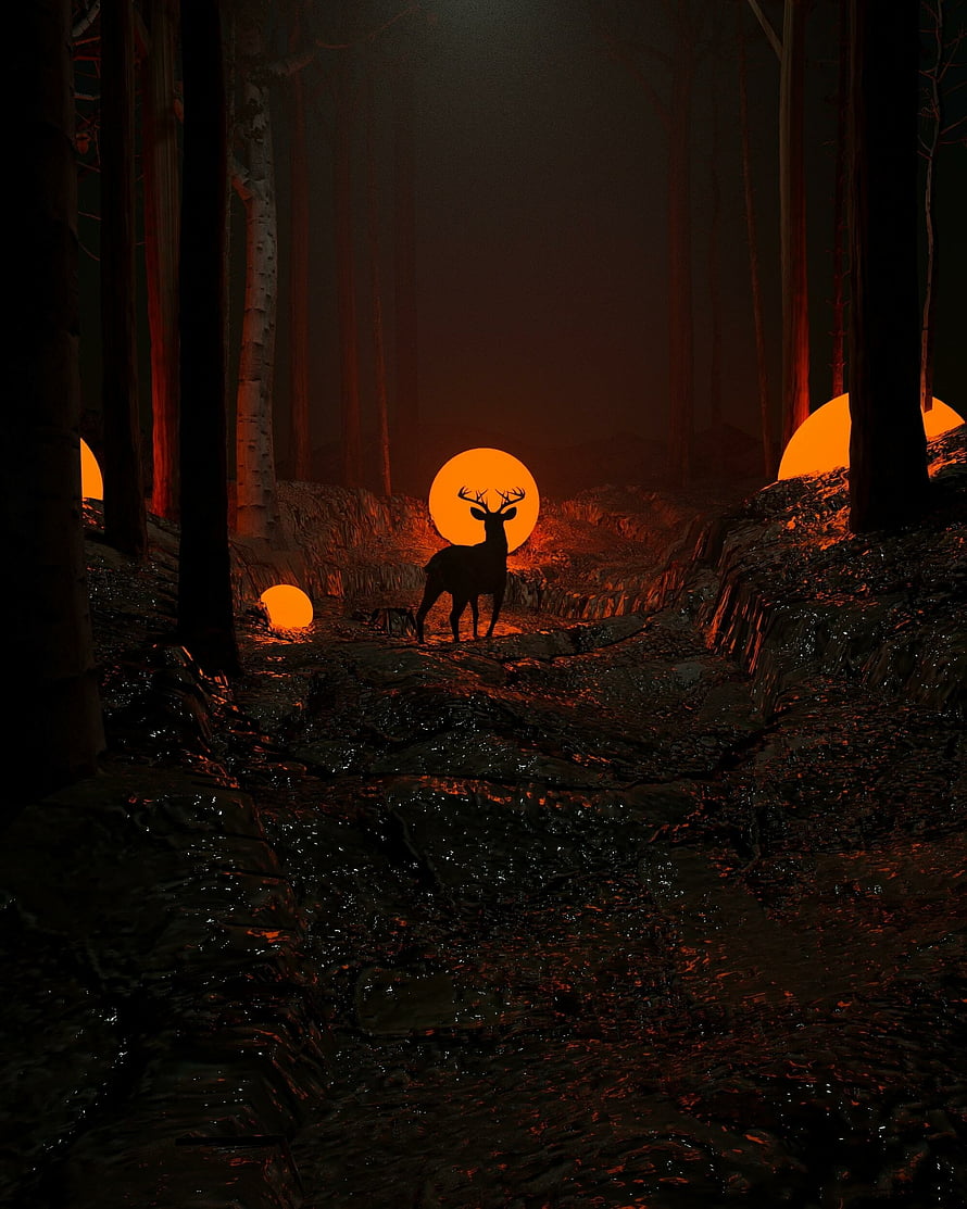 Silhouetted Stag in a Dark Forest with Glowing Orange Orbs HD phone wallpaper