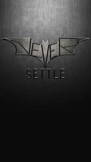 Never Settle Metallic Bat Wing Logo on Dark Brushed Steel Background HD phone wallpaper
