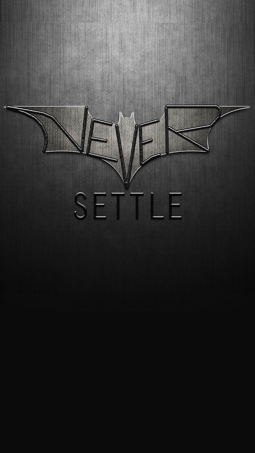 Never Settle Metallic Bat Wing Logo on Dark Brushed Steel Background HD phone wallpaper