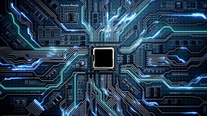 Futuristic Blue Circuit Board With Glowing Electronic Traces And Central Processor Chip HD wallpaper