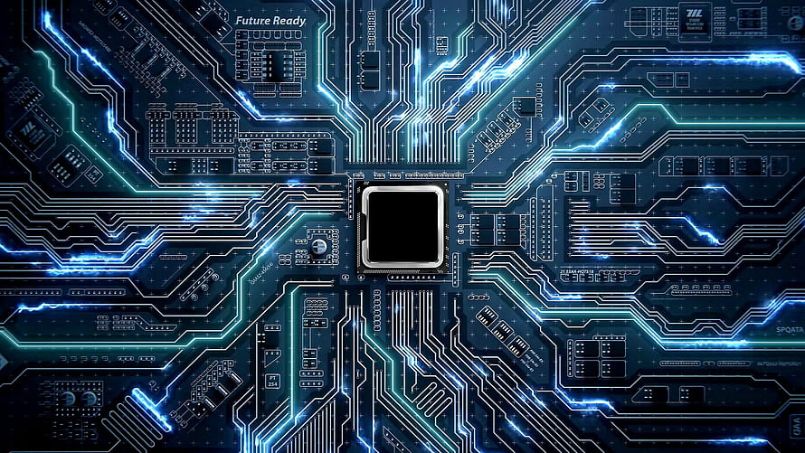 Futuristic Blue Circuit Board With Glowing Electronic Traces And Central Processor Chip HD wallpaper