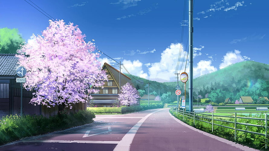 Anime Style Japanese Countryside Road With Cherry Blossoms And Blue Sky HD wallpaper