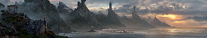 Fantasy Coastal Landscape with Giant Statues on Rocky Cliffs at Sunset HD wallpaper