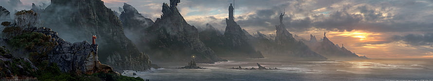 Fantasy Coastal Landscape with Giant Statues on Rocky Cliffs at Sunset HD wallpaper