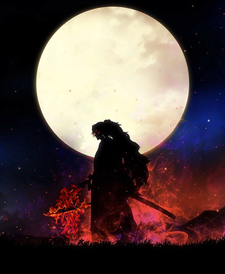 Silhouette of a Samurai Warrior with Katana Against a Giant Full Moon and Fiery Embers HD phone wallpaper