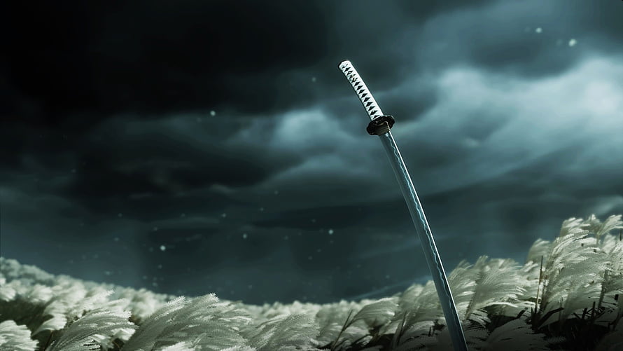 Ghost of Tsushima Katana Stuck in Snowy Grass Under Stormy Sky HD wallpaper