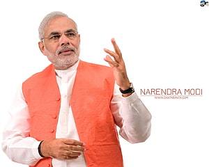 Narendra Modi Portrait in Orange Nehru Jacket and White Kurta HD wallpaper