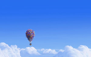 Up House Floating with Colorful Balloons Against a Bright Blue Sky HD wallpaper