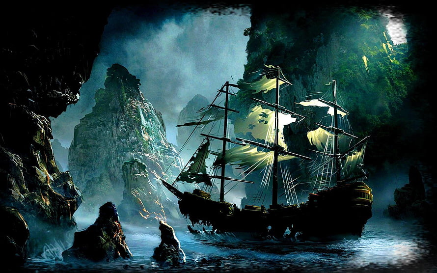 Pirates of the Caribbean Ghost Ship Navigating Misty Cavern Waters HD wallpaper