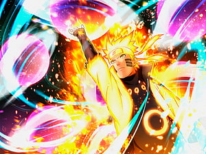 Naruto Uzumaki in Baryon Mode with Purple and Blue Energy Spheres HD wallpaper