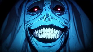 Creepy Blue Demon Face With Glowing Red Eyes And Wide Grin HD wallpaper