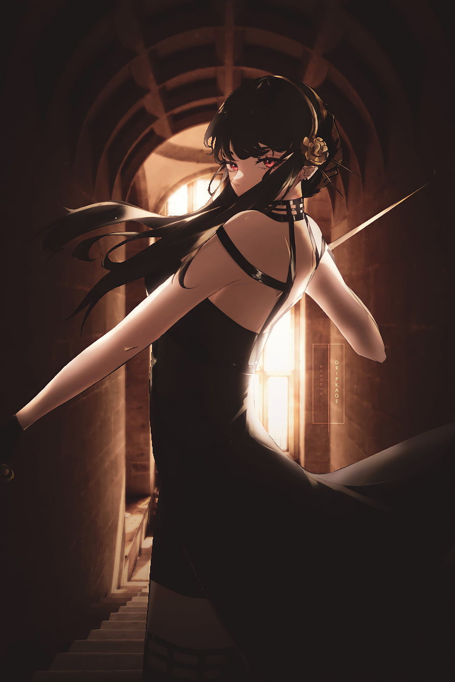 Yor Forger in Black Dress with Sword in Gothic Cathedral HD phone wallpaper
