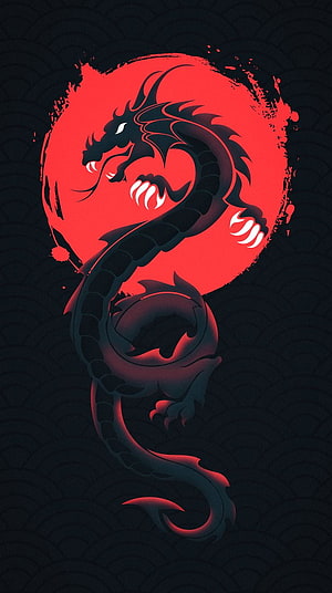 Black Japanese Dragon Silhouette Against Red Sun with Traditional Wave Pattern HD phone wallpaper