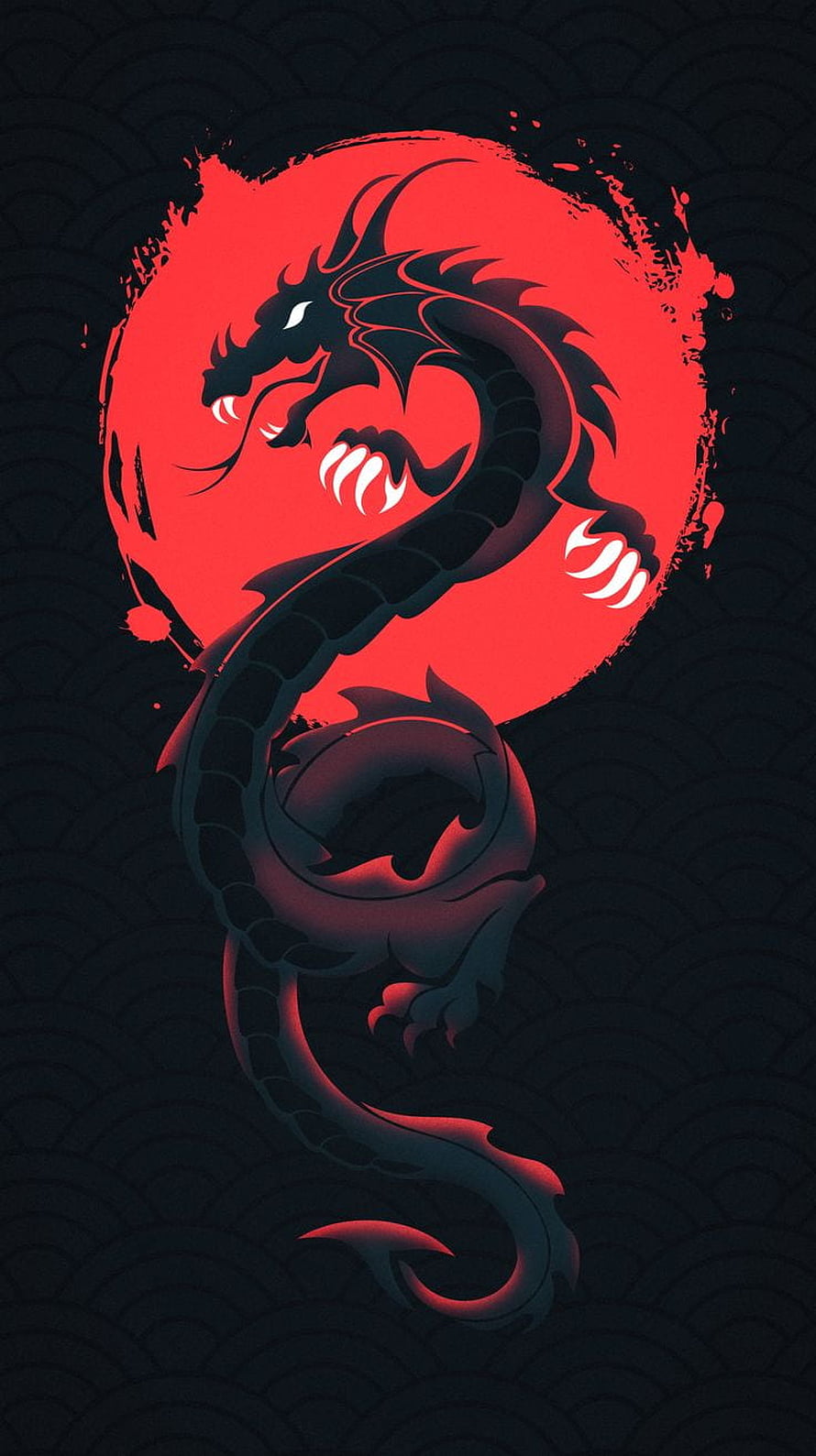 Black Japanese Dragon Silhouette Against Red Sun with Traditional Wave Pattern HD phone wallpaper