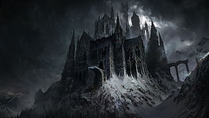 Gothic Castle on Snowy Mountain Peak in Dark Fantasy Landscape HD wallpaper